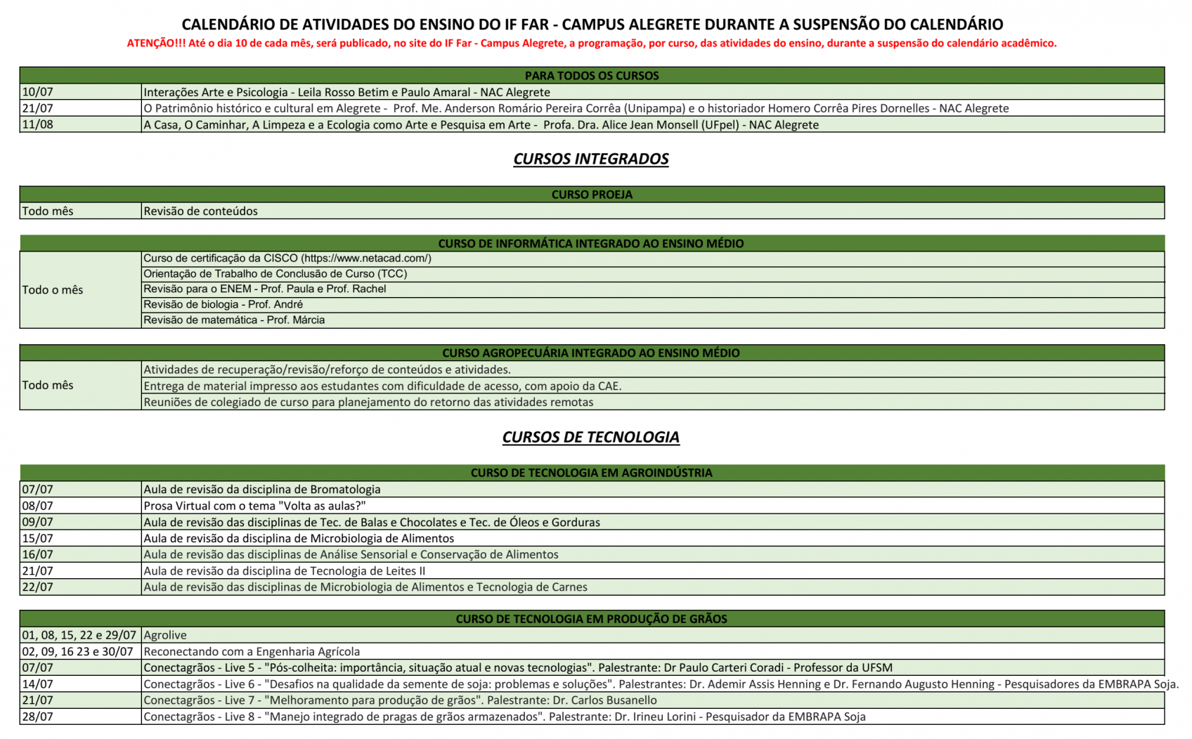 Calendário Julho 2020 parte 1